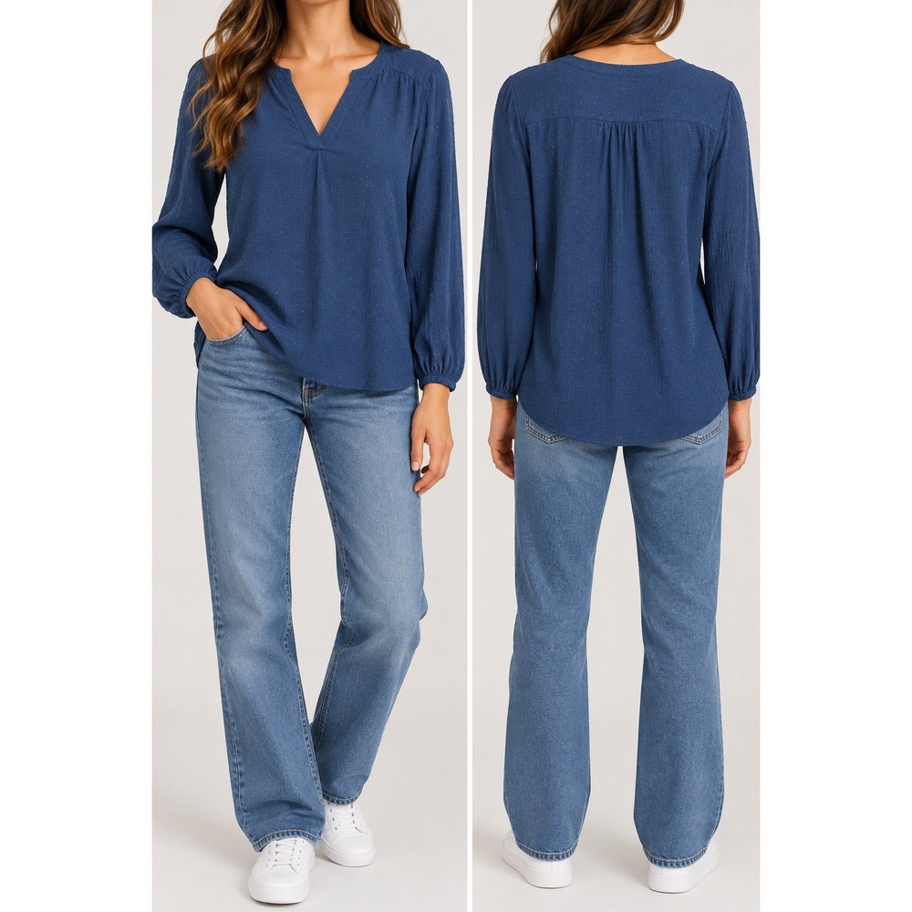 Weatherproof Vintage Womens Blue Clip Dot V-Neck Long Sleeve Blouse Top M